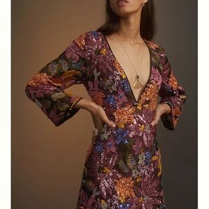 Anthropologie Floral Sequin Mini Dress - Multicolor